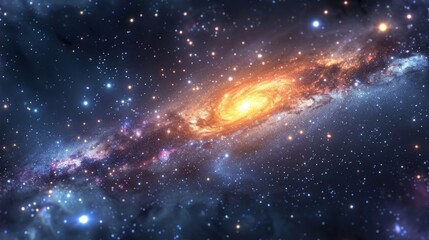 A glowing spiral galaxy in the vast universe. A cosmic starfield with a colorful nebula. Abstract space background for science and exploration concepts