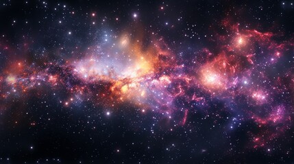 Panoramic view of a colorful galaxy in the universe. Starfield with glowing pink, purple, and orange nebulae against a dark sky background