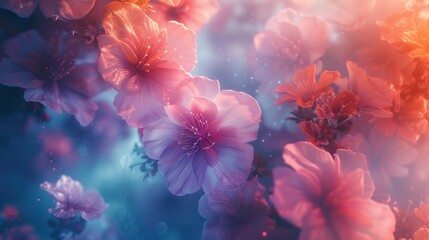 Magical spring flowers glowing in ethereal light. Dreamy floral background with pink and purple blossoms. Abstract fantasy nature art