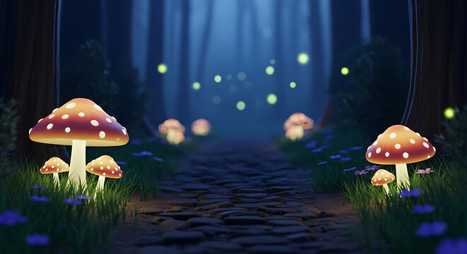 Magical glowing mushroom forest path with fireflies at night