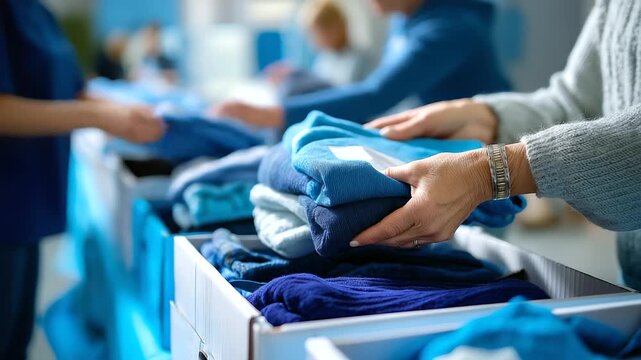 Defocused background of volunteers folding blankets and clothes into boxes, calm blue tones emphasizing compassion, with copy space.