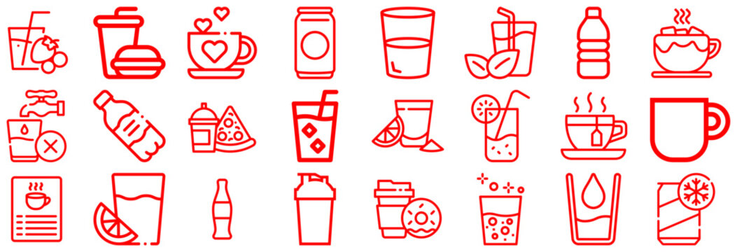 Collection of Red Line Icons Representing Drinks and Food Items