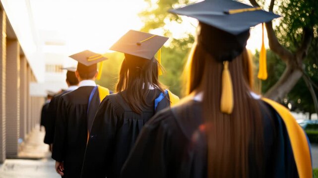 Group of graduated students walking in line towards graduation ceremony at sunset.