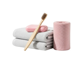 Bathroom essentials with towels and toothbrush isolated on transparent background