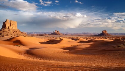 vast desert landscape arid sands distant mesas under cloudy sky