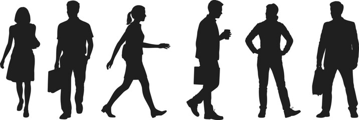 Business people walking, urban silhouettes, professional attire, briefcase carrying, city commuters, standing poses, casual clothing, morning rush, office workers, lifestyle illustration