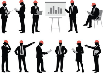 Business professionals in safety helmets, teamwork, engineering management, workplace safety, industrial planning, corporate site visit, construction consultants, project discussion, formal attire