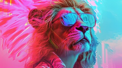A cool lion wearing sunglasses in vibrant pink and blue neon light. Retro 80s synthwave style portrait of a fashionable animal