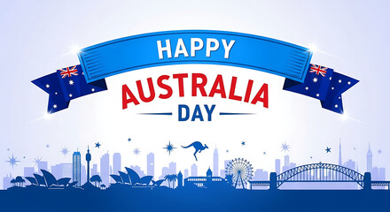 Australia day illustration of happy australia day greeting with city skyline and flag banner