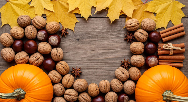 Top view of autumn arrangement with pumpkin, walnut, yellow leaf, chestnut, anise and cinnamon on wooden surface, representing fall season