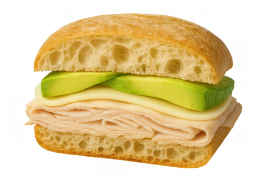 Ciabatta sandwich with fresh sliced avocado, turkey breast, and cheese on a transparent background