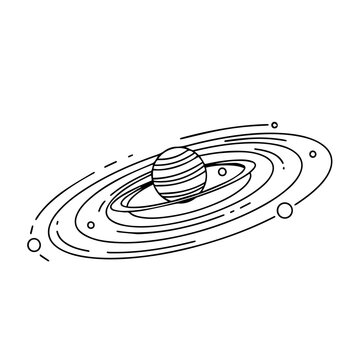 A minimalist line art icon of a ringed planet with orbiting moons, representing a cosmic solar system and the vastness of the galaxy