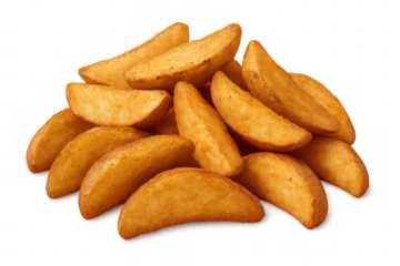 Potato wedges piled up, golden brown fried snack for appetizer or side dish, transparent background