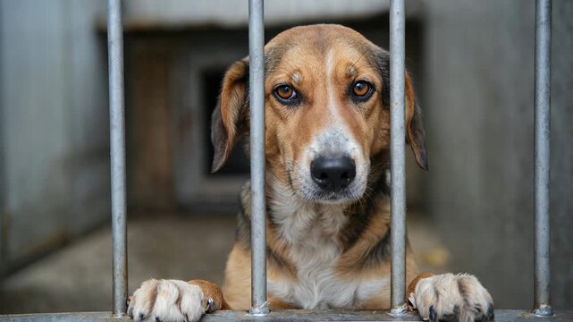 Sad dog behind shelter bars, concept of animal abandonment, rescue and adoption awareness.