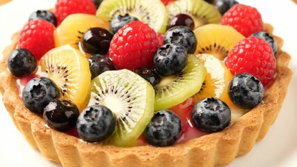 Delicious fruit tart with fresh berries and kiwi slices, close-up - Powered by Adobe