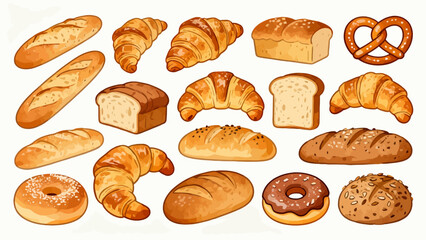 A variety of bread collections, cartoon hand-drawn vector illustrations, sliced bread, butter bread, croissants, meat floss bread, cream bread, baguettes, doughnuts, cakes, pineapple buns, and baked g