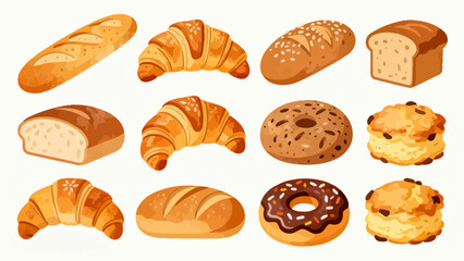 A variety of bread collections, cartoon hand-drawn vector illustrations, sliced bread, butter bread, croissants, meat floss bread, cream bread, baguettes, doughnuts, cakes, pineapple buns, and baked g