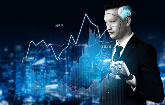 A futuristic businessman with robotic features examines financial data, showcasing advanced technology and analytics innovations in a vibrant urban environment at night. Scalp