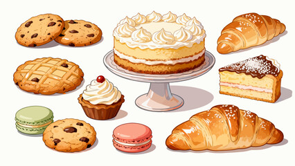 A variety of bread collections, cartoon hand-drawn vector illustrations, sliced bread, butter bread, croissants, meat floss bread, cream bread, baguettes, doughnuts, cakes, pineapple buns, and baked g