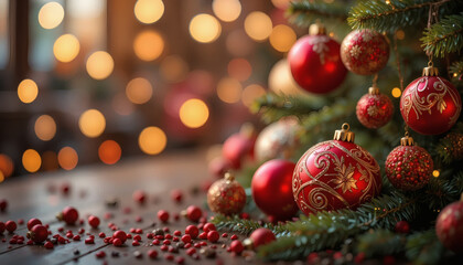Obraz premium Christmas background with red and gold ornaments, pine branches, and bokeh lights, festive mood
