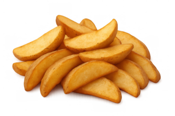 Golden crispy potato wedges piled up, ready to eat. Freshly fried fast food or appetizer on a transparent background