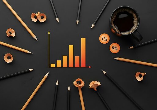 A flat lay composition of pencils, pencil shavings, a cup of coffee, and a bar graph representing business growth on a dark background