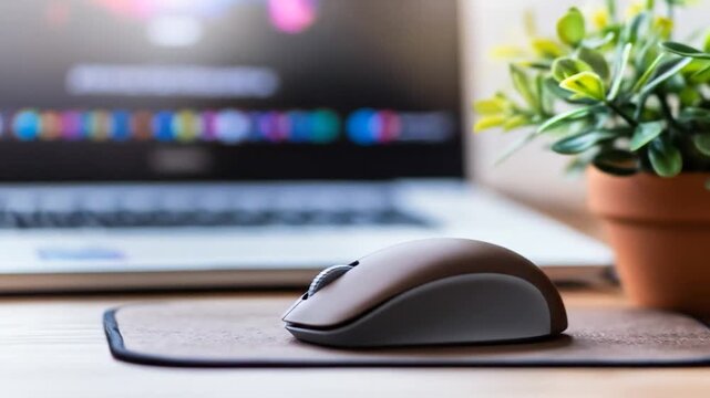 Wireless computer mouse on pad with laptop and potted plant on wooden desk technology workspace