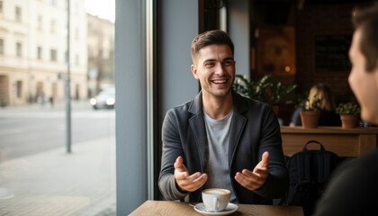 A man smiles at a cafe table, enjoying a conversation with his friend, with a cup of coffee and a city street visible through the window