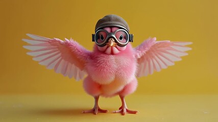 Pink chick in aviator goggles and pilot cap flaps wings against yellow background, symbolizing playful adventure and bold self‑expression. - Powered by Adobe
