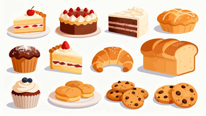 A variety of bread collections, cartoon hand-drawn vector illustrations, sliced bread, butter bread, croissants, meat floss bread, cream bread, baguettes, doughnuts, cakes, pineapple buns, and baked g