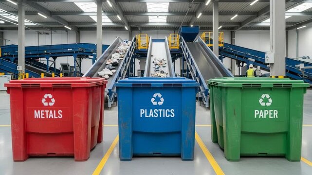 Waste Sorting at Recycling Plant Conveyor Belts and Bins