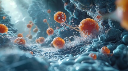 Abstract visualization of microscopic cells or organisms. 3D rendering of a biological process with orange bacteria on a blue surface. Medical and scientific research concept