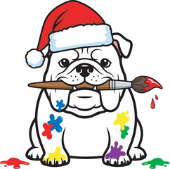 Cute Christmas Bulldog painting with brush and color vector art illustration,