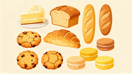 A variety of bread collections, cartoon hand-drawn vector illustrations, sliced bread, butter bread, croissants, meat floss bread, cream bread, baguettes, doughnuts, cakes, pineapple buns, and baked g