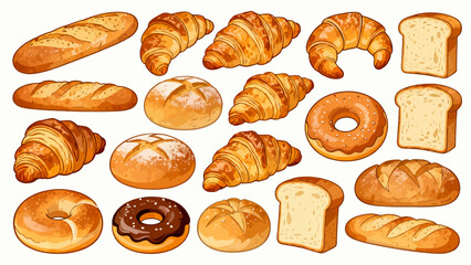 A variety of bread collections, cartoon hand-drawn vector illustrations, sliced bread, butter bread, croissants, meat floss bread, cream bread, baguettes, doughnuts, cakes, pineapple buns, and baked g