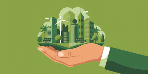 A modern flat illustration of a sustainable eco city floating on a realistic human hand, featuring green buildings, wind turbines, solar panels, trees, and clean energy design.