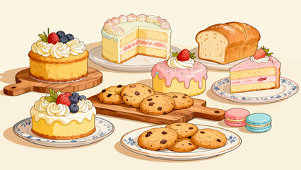 A variety of bread collections, cartoon hand-drawn vector illustrations, sliced bread, butter bread, croissants, meat floss bread, cream bread, baguettes, doughnuts, cakes, pineapple buns, and baked g