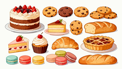 A variety of bread collections, cartoon hand-drawn vector illustrations, sliced bread, butter bread, croissants, meat floss bread, cream bread, baguettes, doughnuts, cakes, pineapple buns, and baked g
