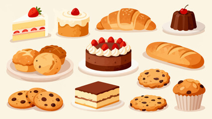 A variety of bread collections, cartoon hand-drawn vector illustrations, sliced bread, butter bread, croissants, meat floss bread, cream bread, baguettes, doughnuts, cakes, pineapple buns, and baked g