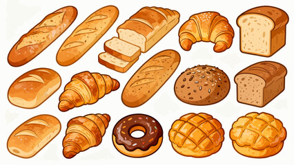 A variety of bread collections, cartoon hand-drawn vector illustrations, sliced bread, butter bread, croissants, meat floss bread, cream bread, baguettes, doughnuts, cakes, pineapple buns, and baked g