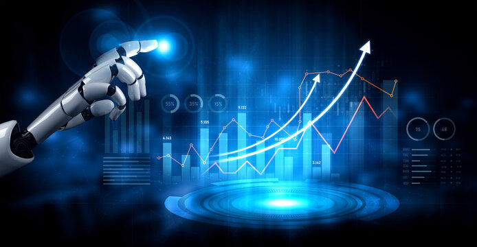 A robotic hand points at dynamic graphs and digital data on a dark background, illustrating the intersection of technology and business analysis in a modern environment. Scalp