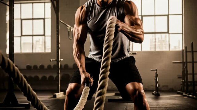 Athletic man training with battle ropes in a gym for strength and endurance workout.