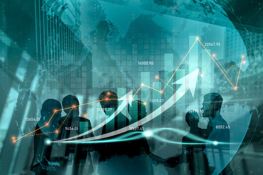A team of professionals collaborates in a modern office, discussing financial growth with data visuals. The overlay of graphs adds a dynamic touch to their engaging meeting. Scalp