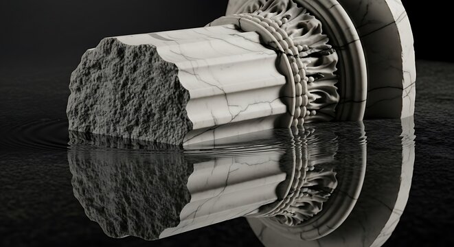 Submerged marble column fragment, reflection in dark tranquil waterscape