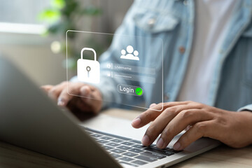 Cybersecurity protects login and secure internet access, Man secure data on laptop with encryption and network protection. Secure login and digital privacy, Business confidentiality.