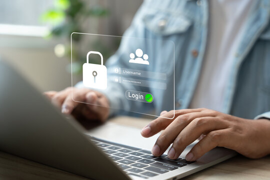 Cybersecurity protects login and secure internet access, Man secure data on laptop with encryption and network protection. Secure login and digital privacy, Business confidentiality.