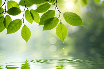 Green leaves above water with ripples and bokeh