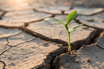 Green seedling emerging from cracked dry soil