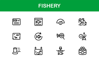 Fishery Outline Icon Set. Minimal and Professional icons for fishing, aquaculture, and seafood trade
