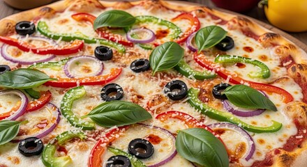 Delicious Vegetable Pizza Topped with Fresh Basil and Olives